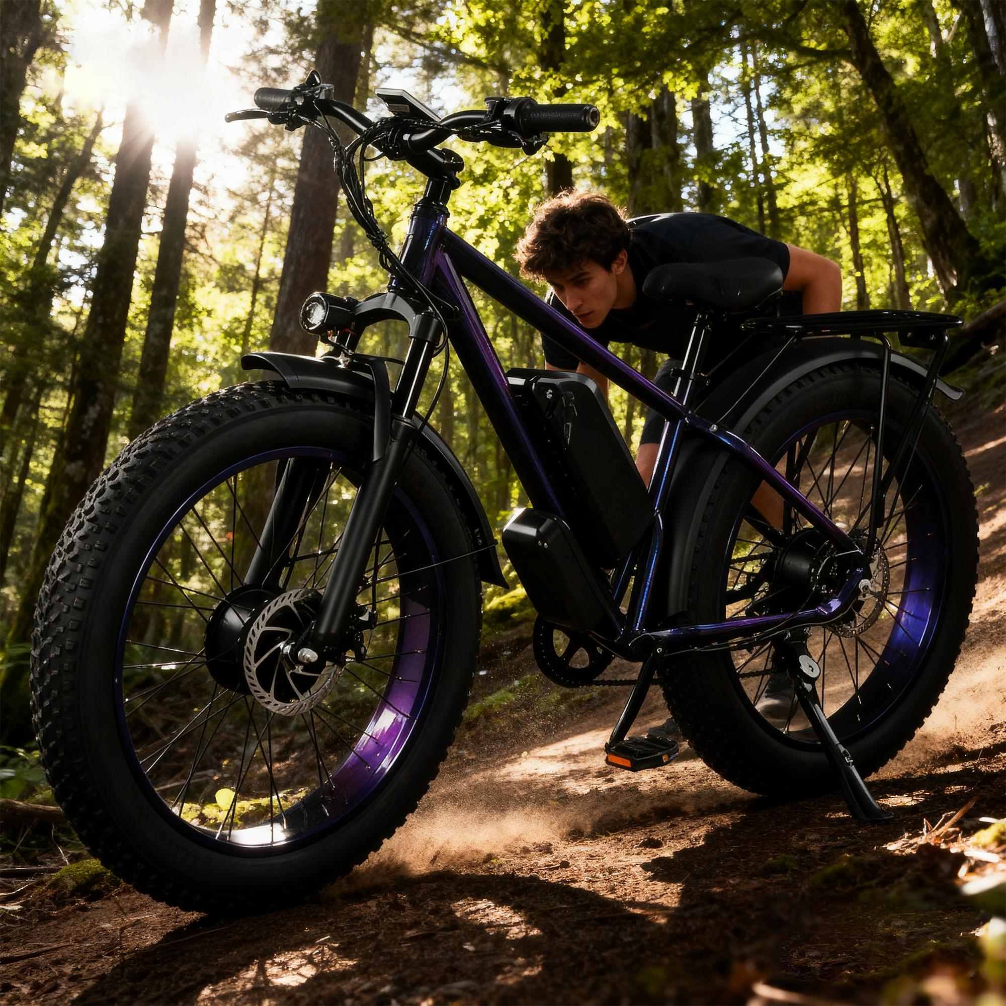 DRIFT.SLIDE 2000W peak power, front and rear dual motor electric bicycle, 40MPH electric light motorcycle, 48V 20.8 Ah UL 2849 detachable battery, 7-speed 26 inch all terrain inflatable tires, preferred for urban commuting and off-road driving