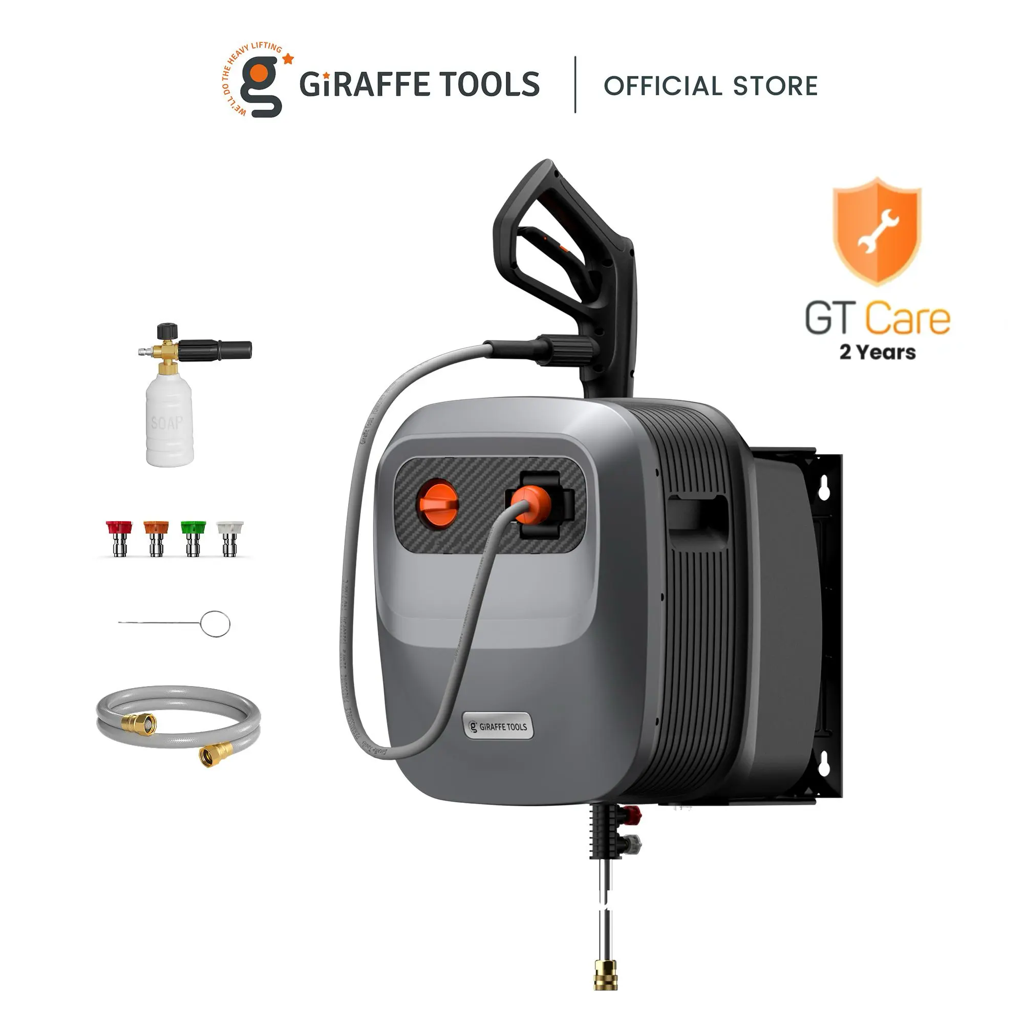 [BackToSchool] Giraffe Tools Grandfalls Retractable Pressure Washer G20 2400 PSI 2.0 GPM ,180° Swivel Metal Bracket Wall Mounted Power Washer, Auto-Retract with 65ft Pressure Hoses, Any Length Lock, 5 Nozzles for Floor/Cars/Fences/Patios, 2 years warranty