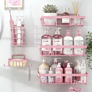 Pink Bathroom Accessories 5-Pack, Rust-Proof & Waterproof Shower Rack, No Drilling Stick-On Storage Rack with Toothbrush & Soap Holder, Large Capacity Minimalist Design, Pink Easter Gift Suction Cup Caddy Hooks