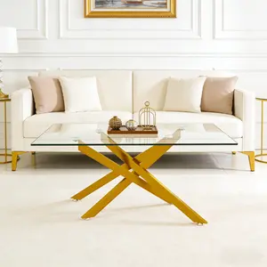 39.37" Rectangular Clear Tempered Glass Coffee Table,Stylish Design with Golden Chrome Plated/Black Metal Legs, Coffee Table for Living Room