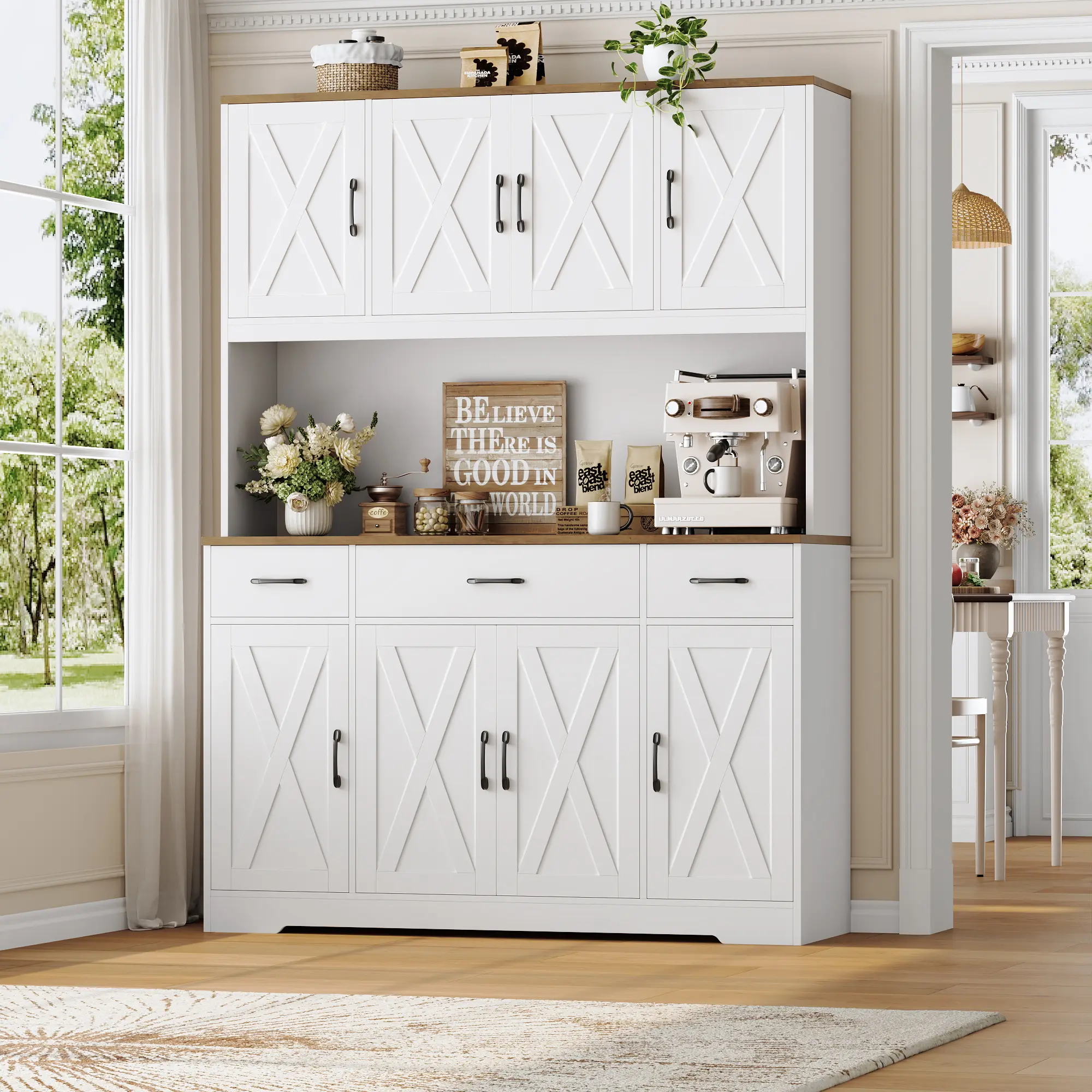 【2 packages shipping】HOSTACK 71" Tall Kitchen Pantry Storage Cabinet with Charging Station, Large Countertop, Farmhouse Food Pantry with 3 Storage Drawers White Furniture,dorm essentials,home decor