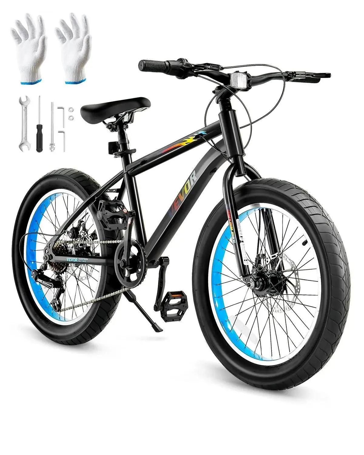 【Backtoschool】VEVOR 20-in Children's MTB Bicycle, 7-Speed SHIMANO Twist Shifting System, High Carbon Steel Frame, Dual Disc Brakes, Comfort Saddle, Fat Tires, 85% Pre-Assembled with Assembly Tool, for 48-60 Inches Tall Users, Trail & Snow Cycling