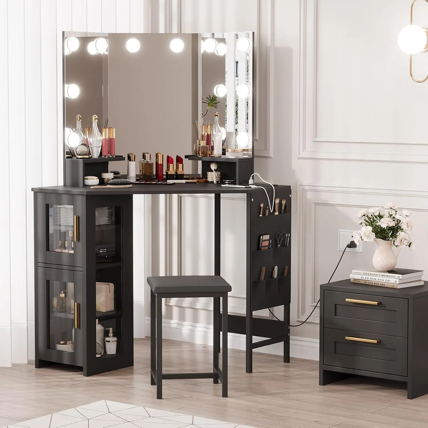 Chic Modern Wood/MDF Corner Vanity Set - Adjustable Lighted LED Dressing Table with Mirror, Built-in Charging Station, Power Outlet, Storage Cabinet, Cloth Art Storage Bag, Included Stool for Bedroom, Studio, Glam Spaces
