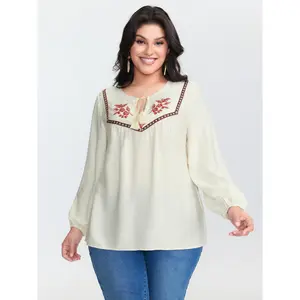 【Summer Turn-Up】【Neck-Lengthening】BlOOMCHIC Plus Size Floral Embroidered Drawstring Neckline Blouse [M-6X] 2026 Summer Pick for Mother's Day