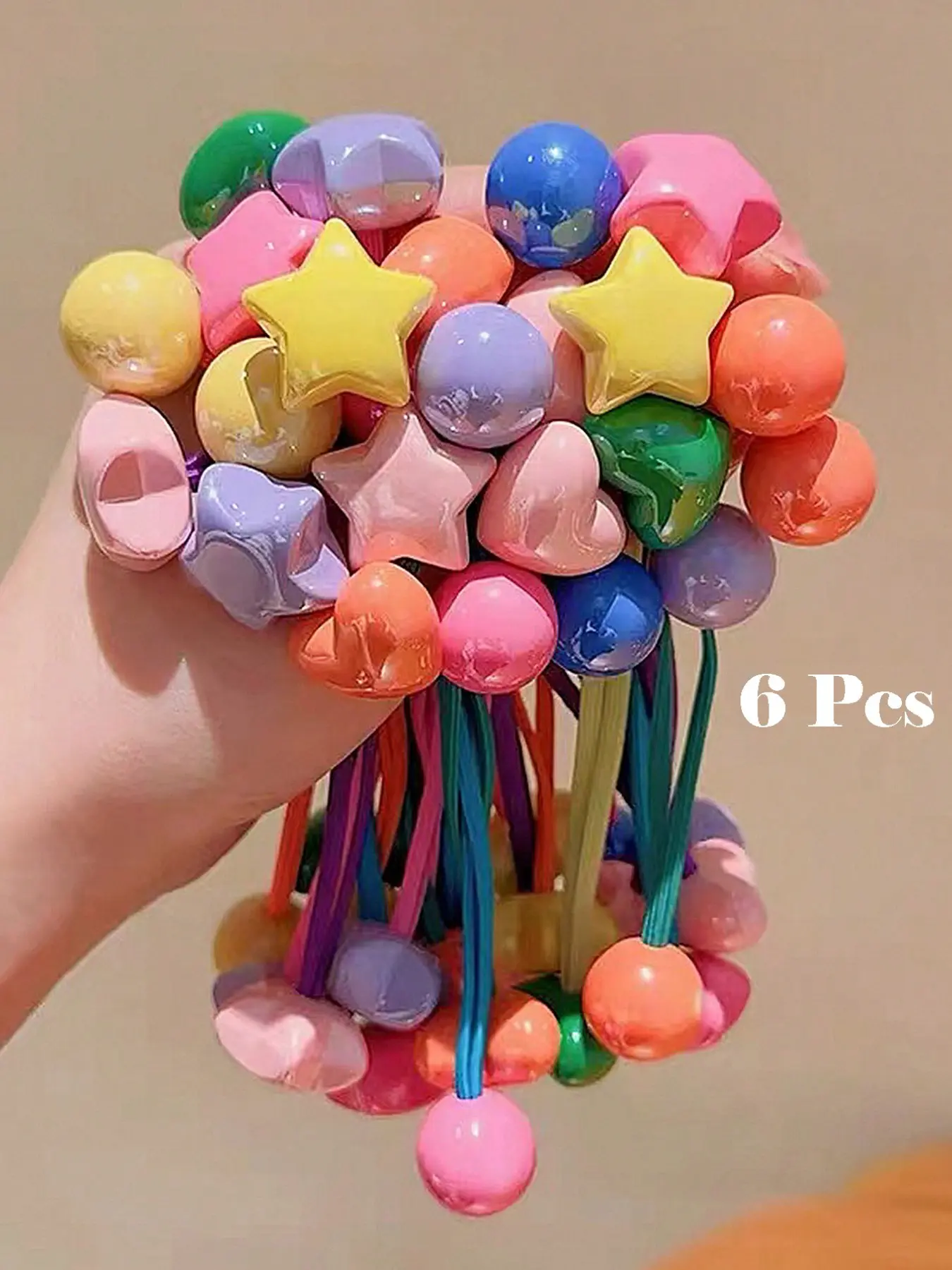 6pcs Multicolor Cute Beaded Heart Flower Star Hair Ties Elastic Hair Accessory Double Strand Non-Damaging Hair Bands Ponytail Holders Sweet Daily Hair Accessories