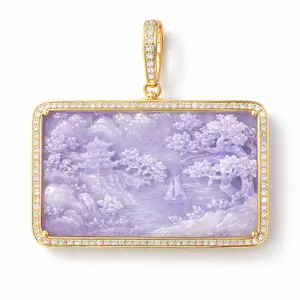 Jackie Crystal Lavender Jadeite Landscape Crystal Pendant, Wrapped with True 18k Gold Setting and Moissanite Diamonds. Choose Live. Each one is different.
