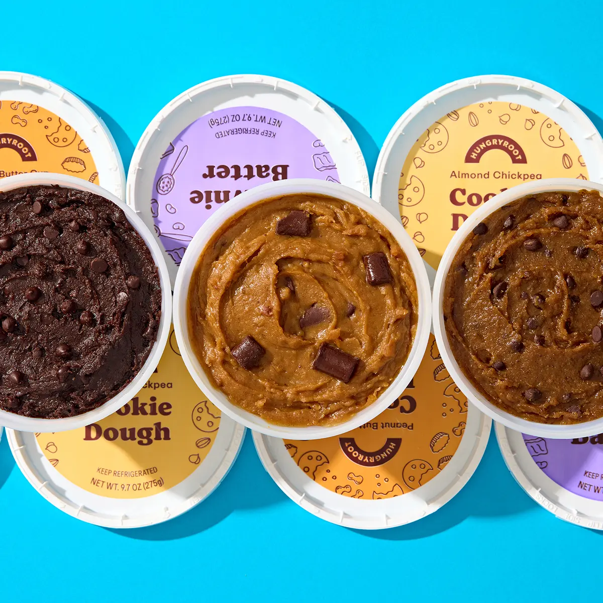 Hungryroot Better-for-You Bean-Based Chickpea Vegan Cookie Dough 4-Pack Refrigerated Tub Snacks - 3g Protein, Low No Added Sugar, Dairy-Free, No Tree Nuts, No Peanuts | 4 Tubs: Almond Chocolate Chip, Peanut Butter Cup, Brownie Batter