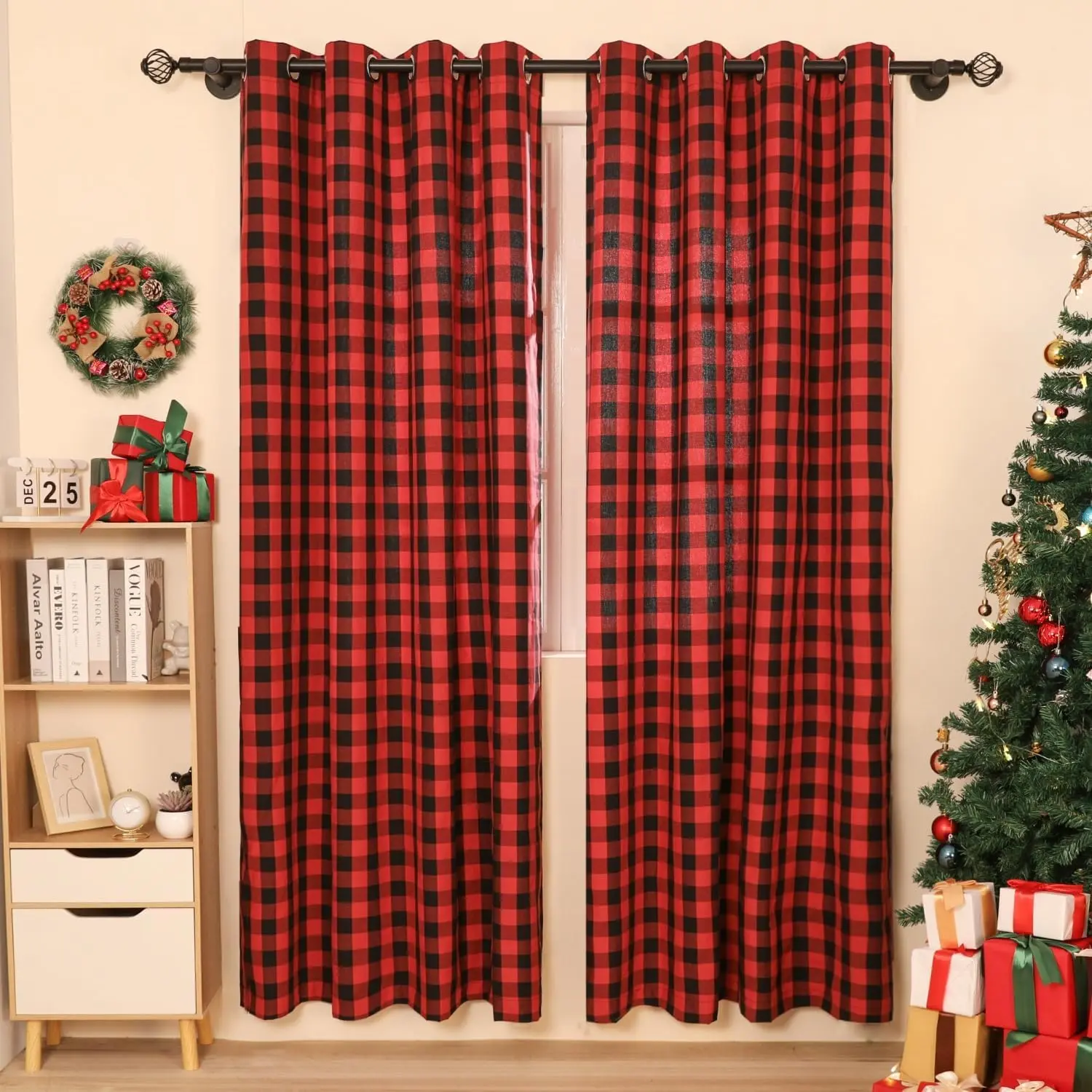 Christmas Specials, Christmas Gifts，Buffalo Curtains 2 Panels Buffalo Check Window Curtains Room Darkening Blackout Drapes Farmhouse Rustic Curtains Red/Black/Green
