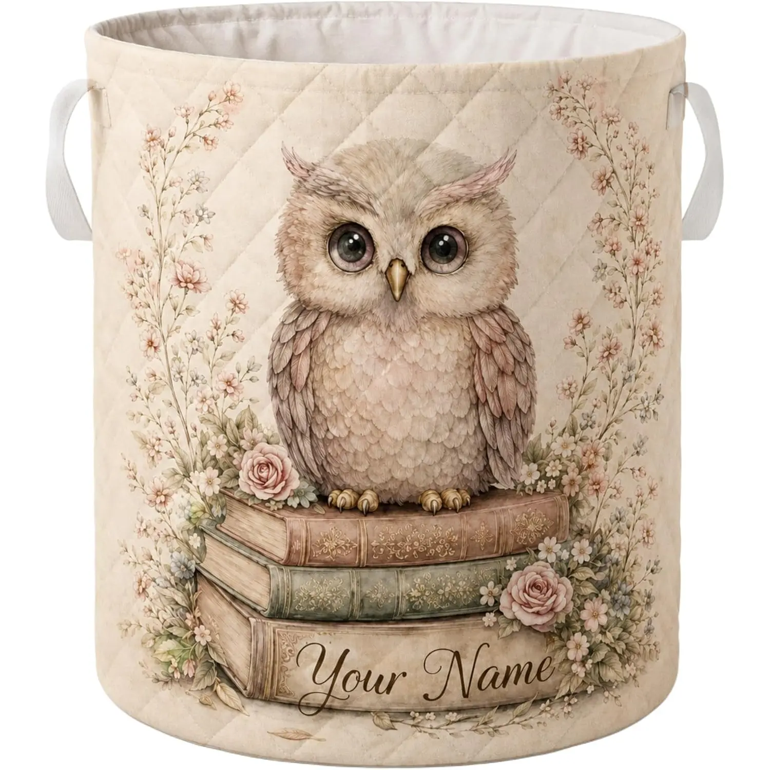 Personalized Owl Quilted Laundry Basket - Vintage Floral Bird Hamper with Handles, Custom Name Foldable Storage Bin, Decorative Clothes Organizer for Nursery, Bedroom, Dorm and Owl Lovers