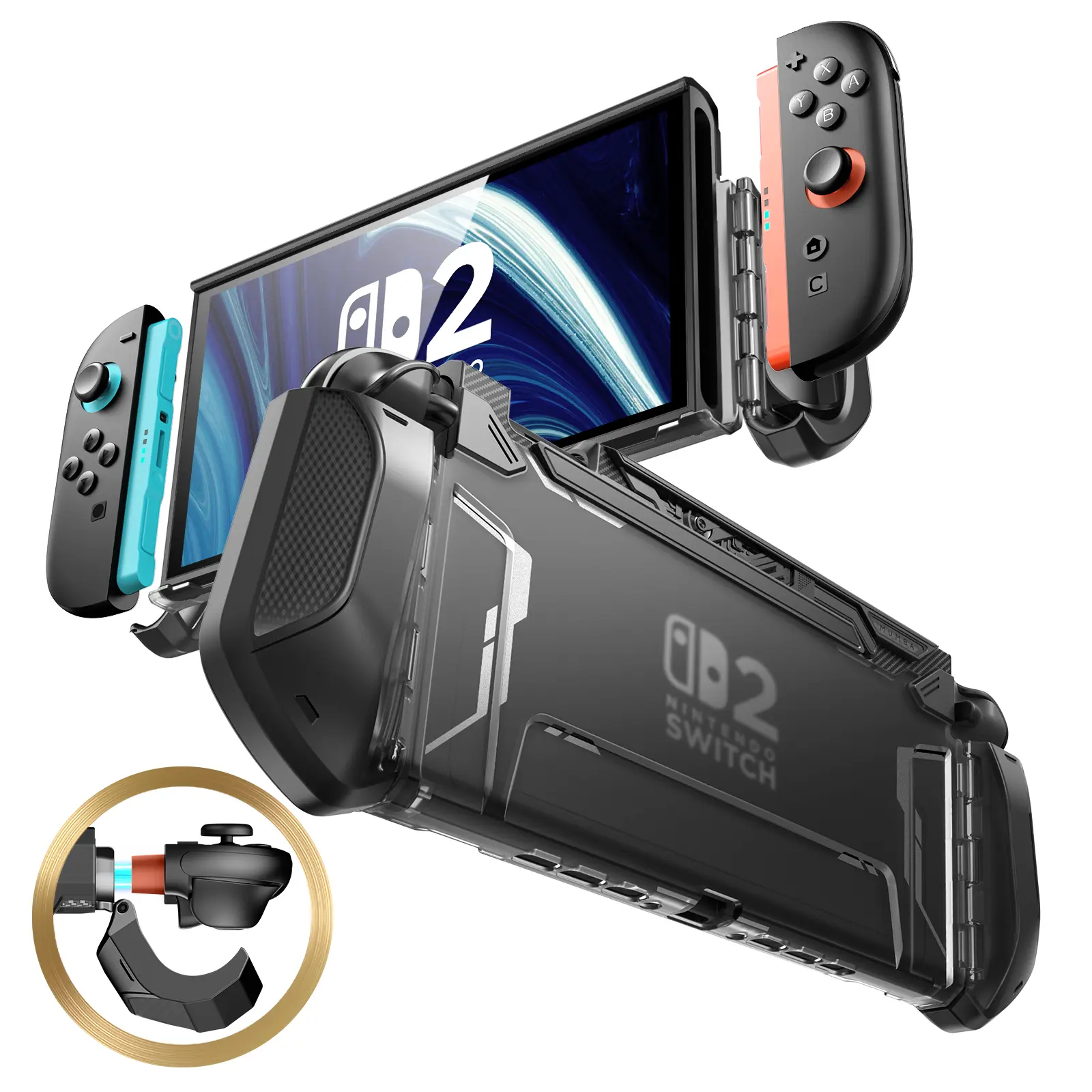 Mumba Blade Series Dockable Grip Case for Nintendo Switch 2 (2025) 7.9" Handheld Console - Shock-TPU Guard, Quick-Release Joy-Con, Ergonomic Lightweight Black, TPU Shell with PC Shell Feels Solid, Circuit-Safe Gaming Accessories (Swirls Design)