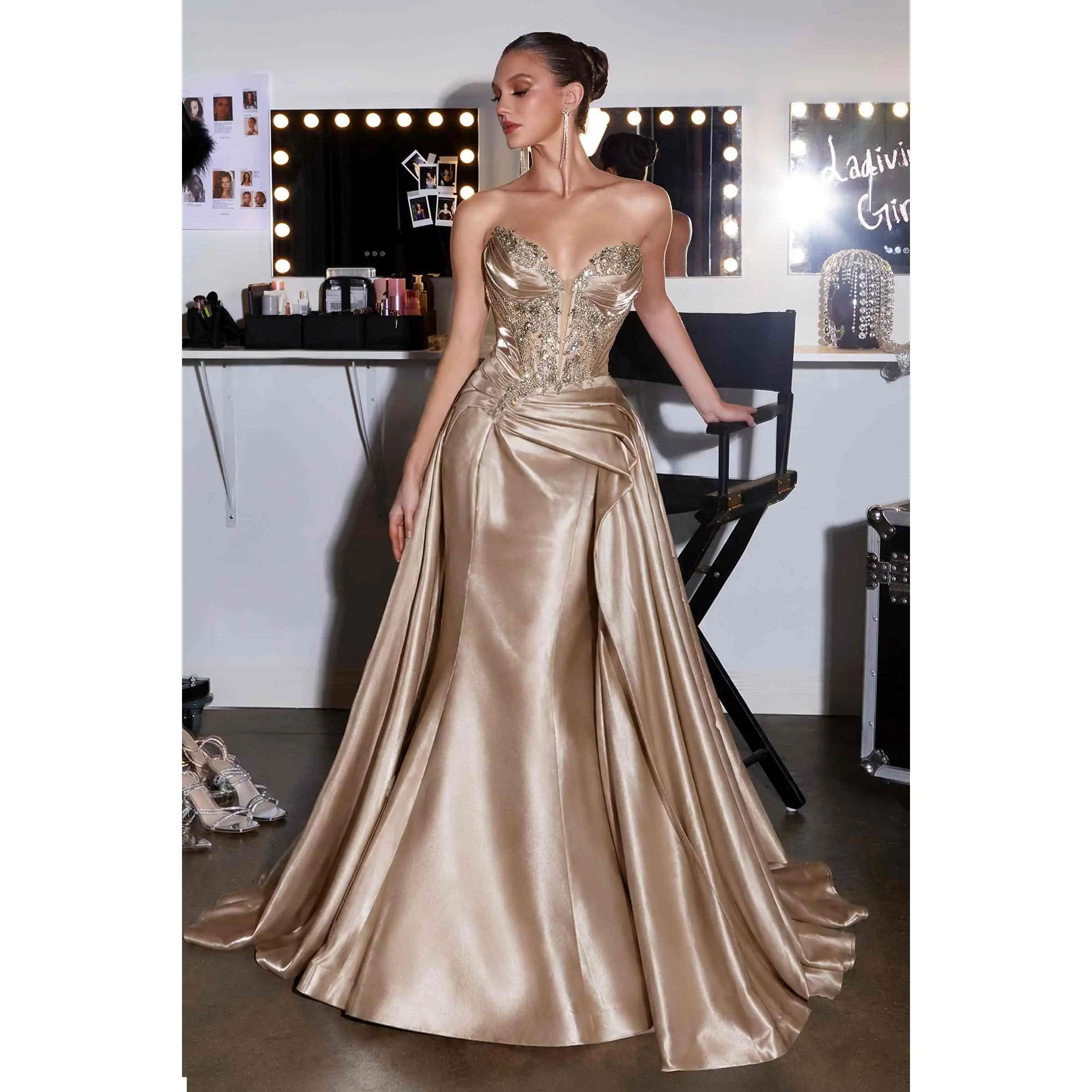 Ladivine CDS568 Formal Mermaid Gown in Organza Fabric, with a Crystal Beaded Corset and Detachable Overskirt, Lady, Lace, Statement, Women, Adjustable, Sweetheart, Sleeveless, Hand-Beaded