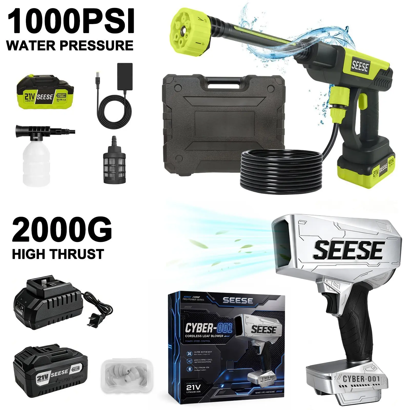 SEESE 21V Cordless Car Cleaning Kit with 1000 PSI Pressure Washer & 2000G Turbo Leaf Blower | Portable Power Washer and Air Duster for Car Washing, Drying, Patio & Garden | Fathers Day Gift