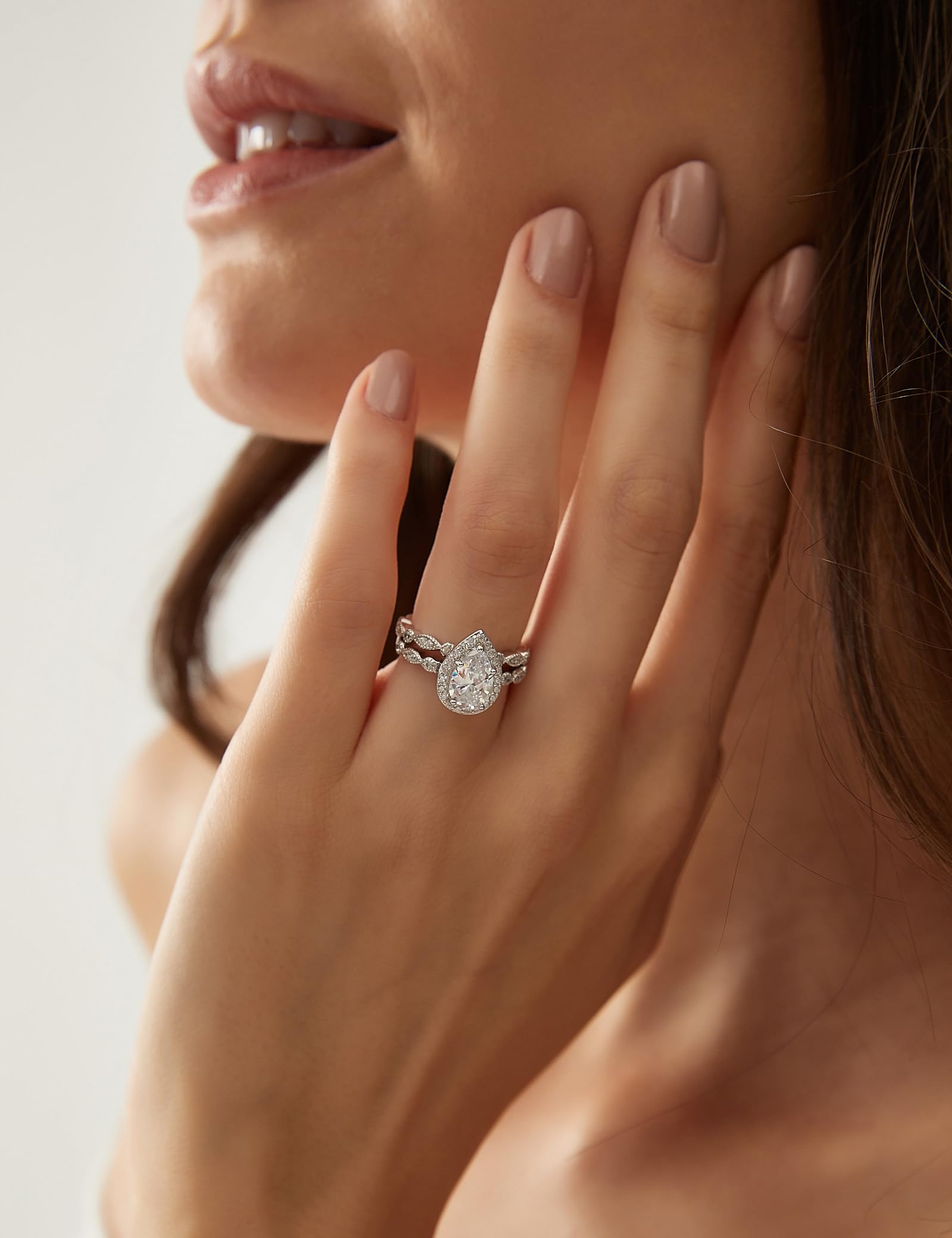 EAMTI 1.5CT 925 Sterling Silver Bridal Ring Sets Teardrop Cubic Zirconia Wedding Bands for Women