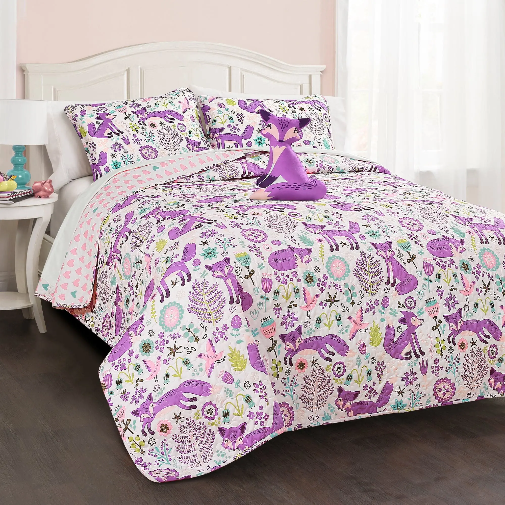 Lush Decor Pixie Fox Print Soft Quilt Bedspread Set - 3 or 4-Piece Reversible Decorative Bedding for Twin/Full-Queen Beds, Ideal for Kids' Rooms, Decorative Bedding Set
