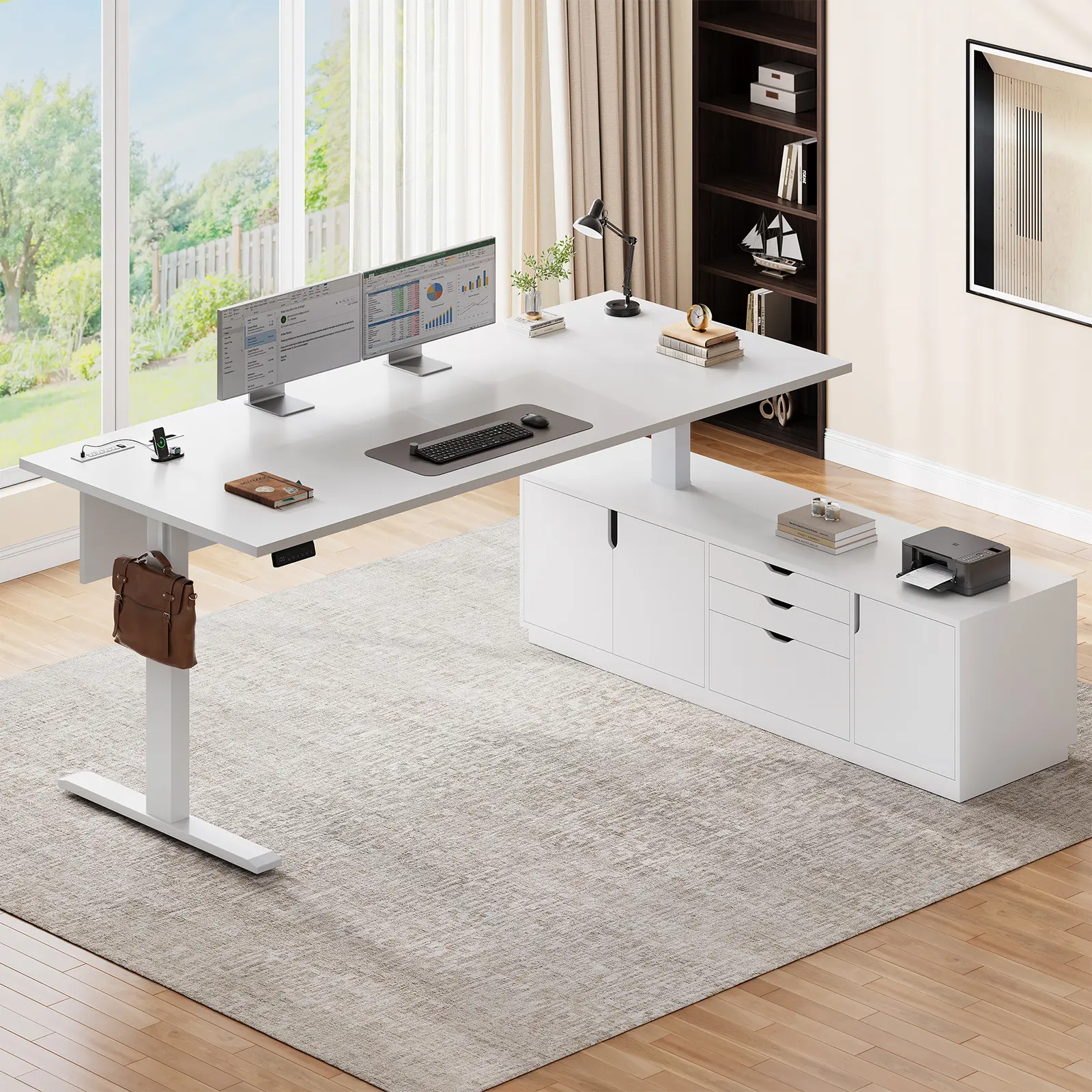 Sedeta L-Shaped Wood Ergonomic Electric Standing Desk - 71"x55.1" Adjustable-Height Modern Executive Large Desk with 3 Drawers, Cabinet, Built-In Power Outlets, Side Hooks for Home Office Use, Large Desk Desks, Adjustable Desks