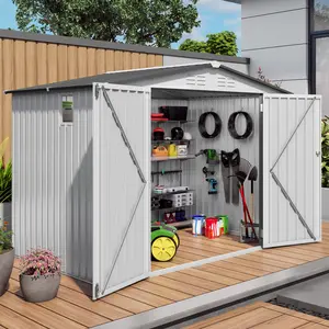 8X6 FT Metal Outdoor Storage Shed with Pitched Roof, Waterproof Design, Side Window & Lockable Door - Tool Shed for Garden, Bike, and General Storage, White and Gray