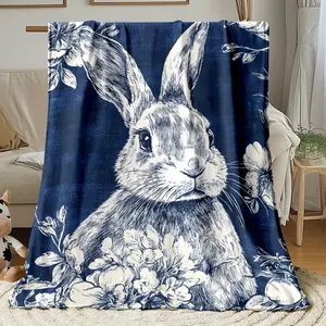 Easter Bunny Lover Gift Soft Cozy Flannel Blanket Vintage Blue Floral Rabbit Print Plush Throw Warm Fuzzy Bedroom Sofa Blanket Perfect Easter Holiday Home Decor Gift for Women Kids