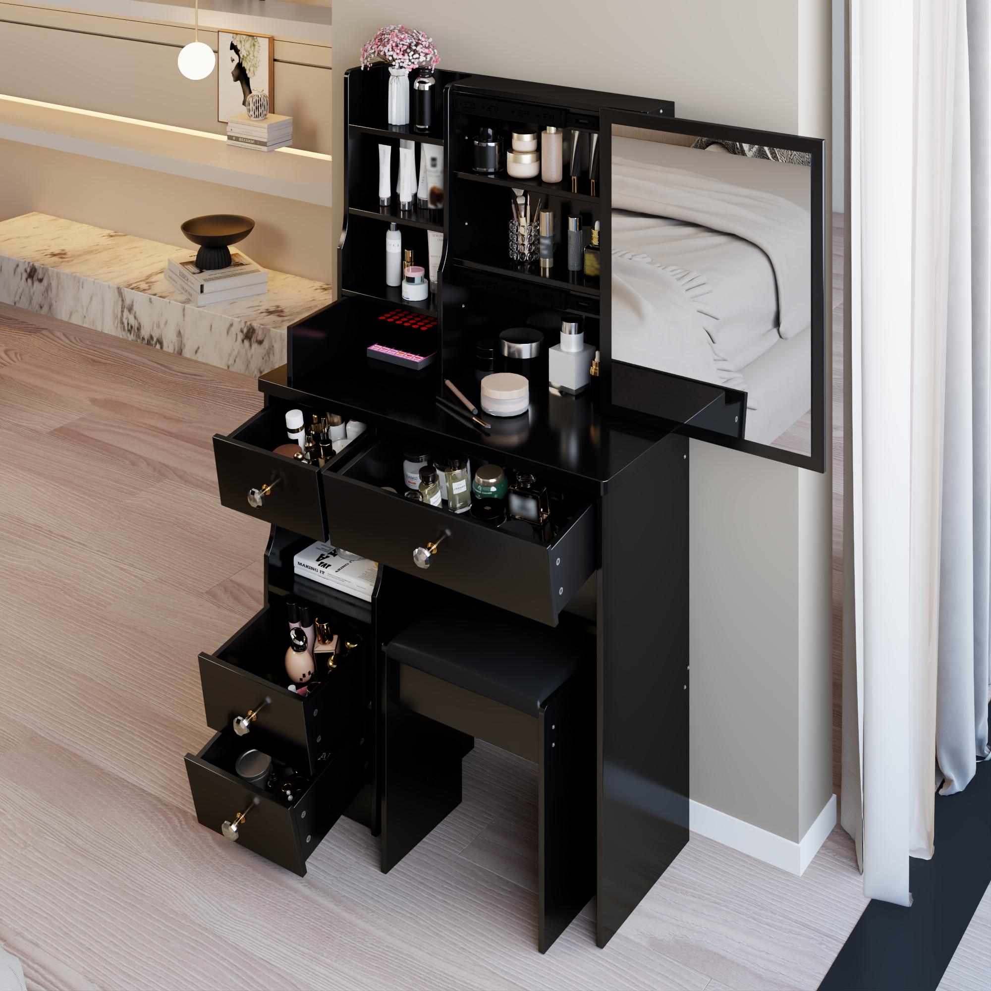 29.2" Small Size Left Drawer Desktop Vanity Table + Cushioned Stool, Extra Large Right sliding mirror, Multi Layer High Capacity Storage, Practical Fashionable Dresser, Suitable For Small Space