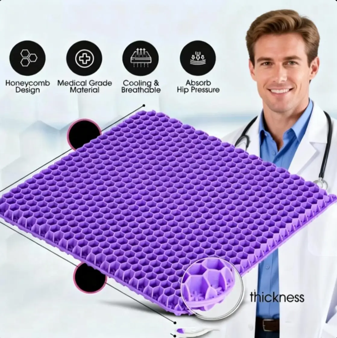 Adjustable Ergonomic Gel Seat Cushion (16.5x14.5x1.2 in )& Back Pain Perfect for Office Chairs Car Seats & Wheelchairs, with Cooling Breathable Soft Support for Sciatica