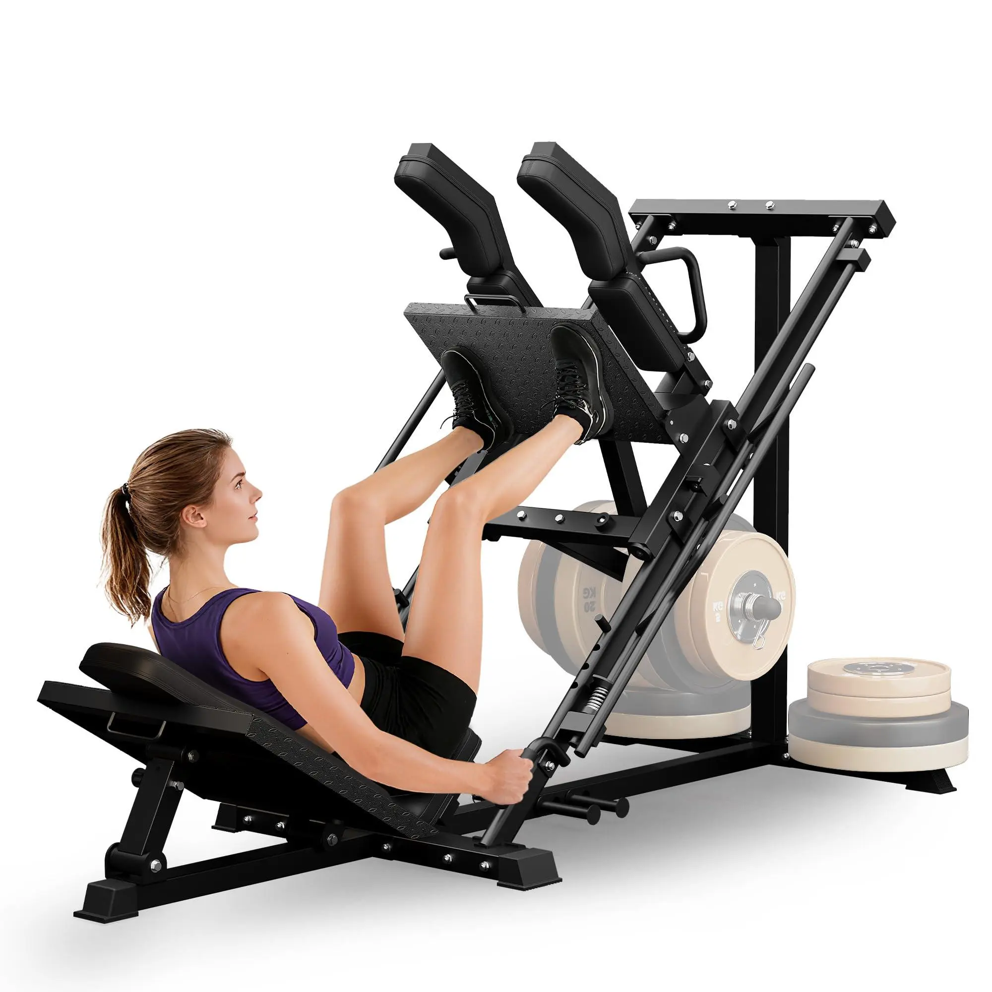Adjustable Leg Press-Hack Squat Machine for Home Gym, Carbon Steel Professional Compact Unit with Backrest, Dual Plate Slots (Fits 1"-2" Plates) & Dual Rear Storage Posts, Complete Lower Body Workout Adjustable Exercise Machine