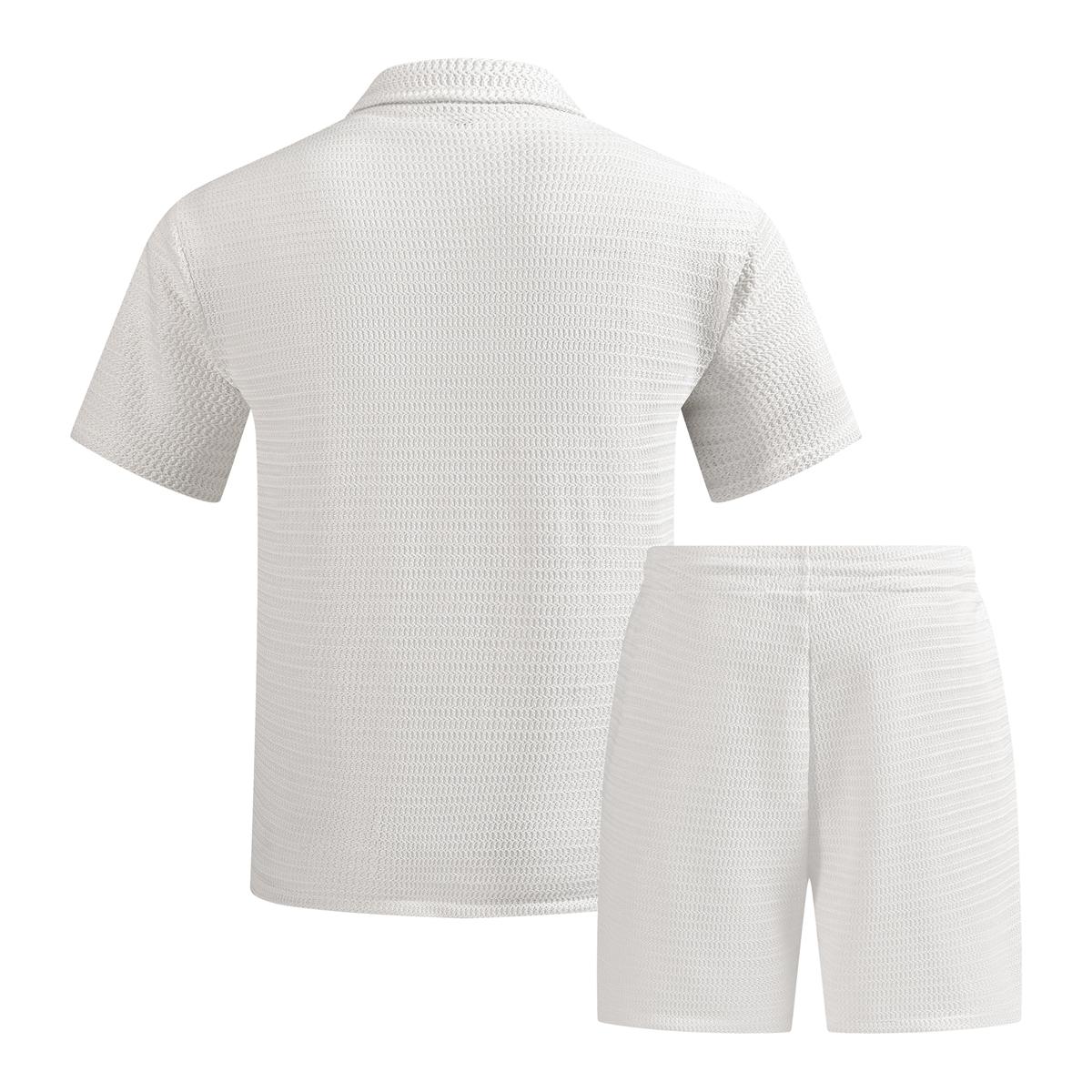 Men's solid color summer vacation set, regular style, paired with textured button down short sleeved shirt and matching drawstring shorts, easily interprets the exquisite coastal style, casual travel, vacation and leisure SpringStatements Clothes Beige