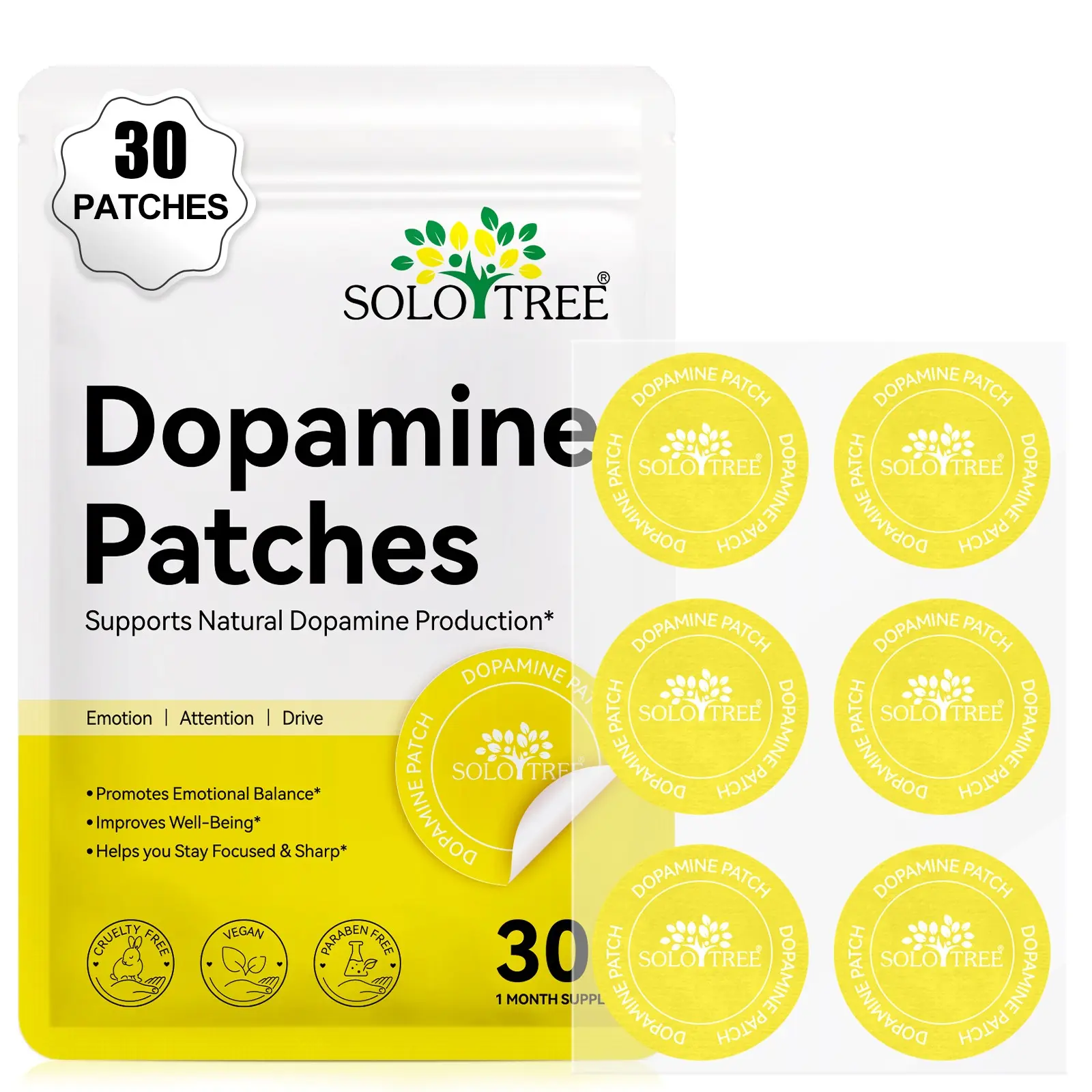 SOLOTREE Dopamine Patches (30-Pack), Skincare Patches, Gentle on the Skin & Ultra-Thin, Breathable Design, High Adhesion, Reusable, for Daily Use