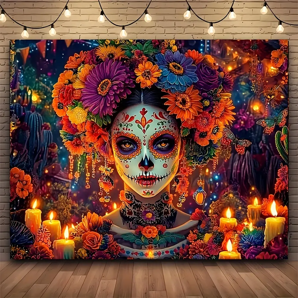 Extra Large Durable Decorative Tapestry Wall Hanging - Neon Nature Bohemian Sun Sugar Skull Day of the Dead Flowers, Hooked Synthetic Polyester Home Decor, Vertical Bedroom Accessory, Mexican Watch Party Backdrop, Hand Washable Custom Image Cloth