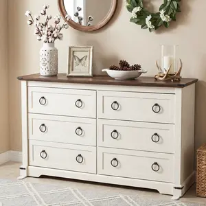 Farmhouse Wooden 6 Drawers Dresser for Bedroom, Vintage Wide Chest of Drawers for Living Room, Wood Storage Dressers Organizer