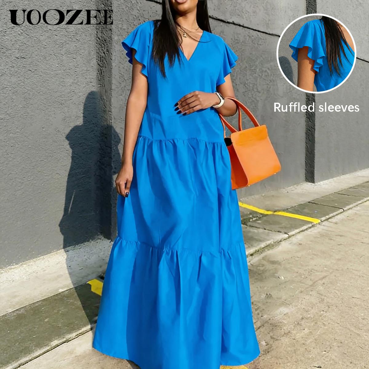 UOOZEE Women's Bright Chic Loose Short Sleeve Pleated Pocket Solid Color Slit V-Neck Maxi Dress Summer Casual Basic Cotton Blend Machine Washable Holiday Dress Womenswear Minimalist (Size is one size larger, it is recommended to order one size smaller)