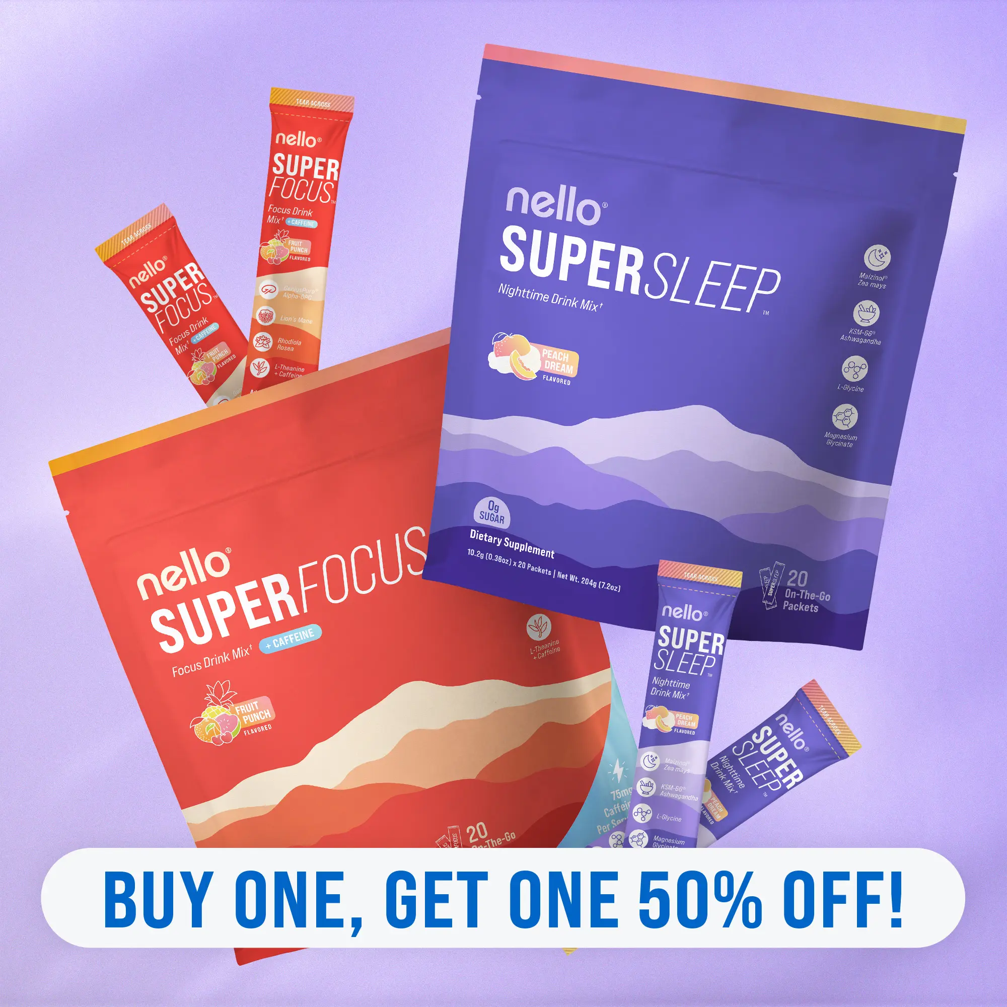 Nello Superfocus x Supersleep Day and Night 2-Pack Bundle: Nootropic Caffeinated Drink Mix + Nighttime Sleep Support Drink Mix, 20 Travel Packets Each