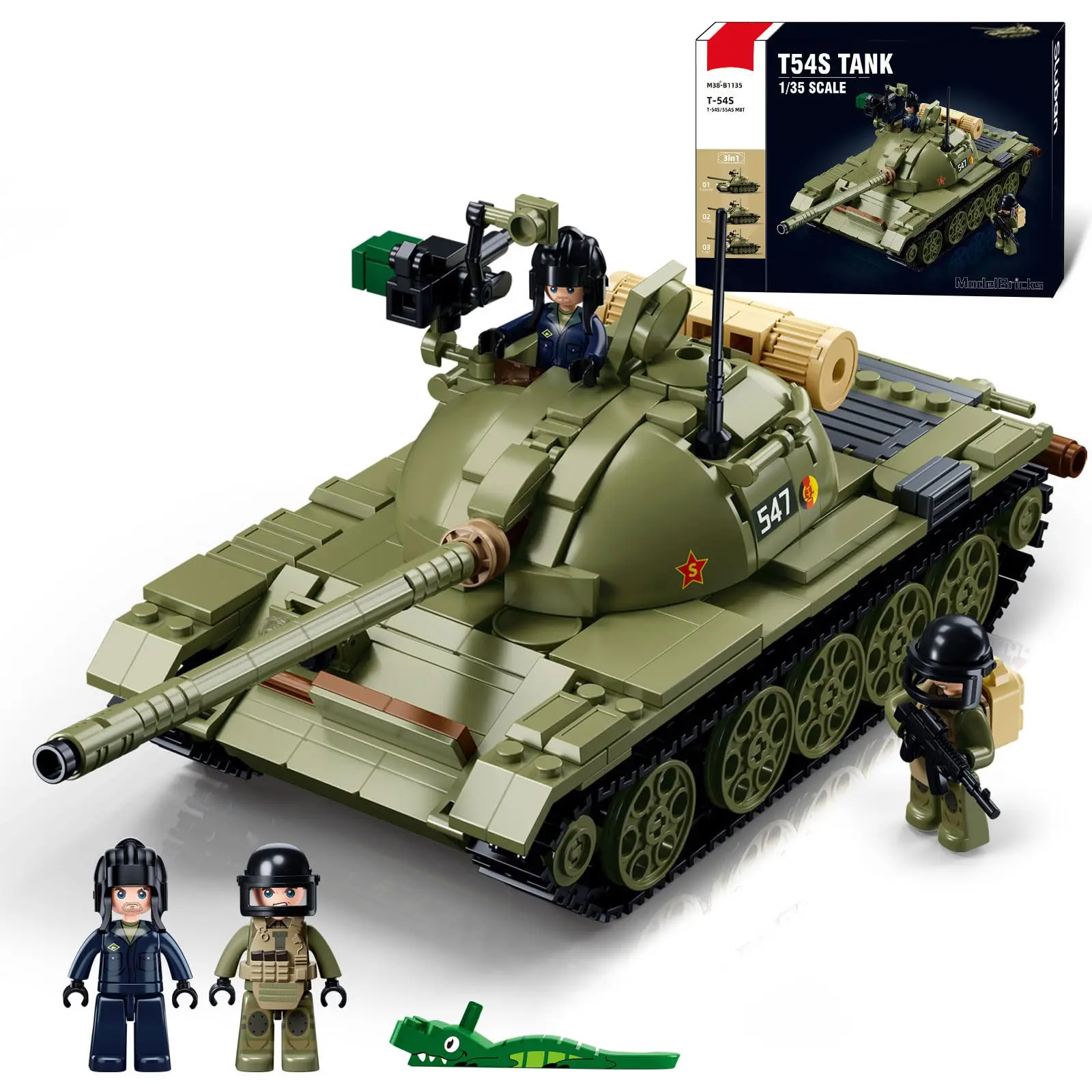 WW2 Army 3-in-1 ABS Plastic Assembly Blocks Set (T-54/T-55/T-69 Tank Model, 604 PCS) - Military Building Model Kit, Unisex Ages 6+ Kids Gift with 2 Soldier Minifigures, Sea Animal Blocks, Infrared Night Vision