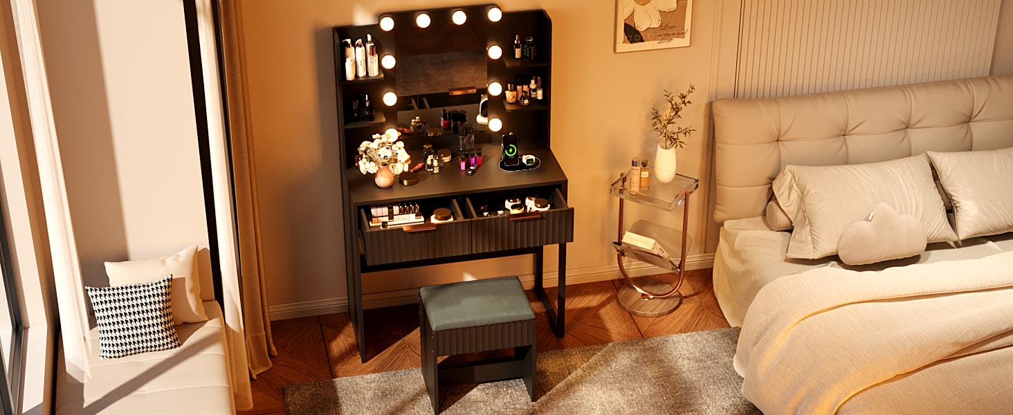 VINGLI Fluted Makeup Vanity Desk with Mirror & Lights & Power Outlet, Small Vanity Table w/ 2 Drawers & 4 Storage Shelves, Modern Dressing Table Set Charging Station for Bedroom
