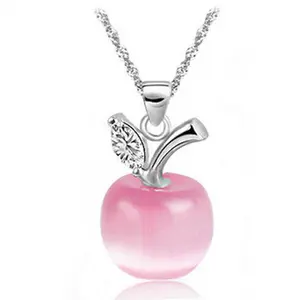 Pink Apple Pendant Necklace, Silver-Plated Chain Included, Cute Fruit Charm Jewelry for Women & Girls, Elegant Everyday Necklace Gift