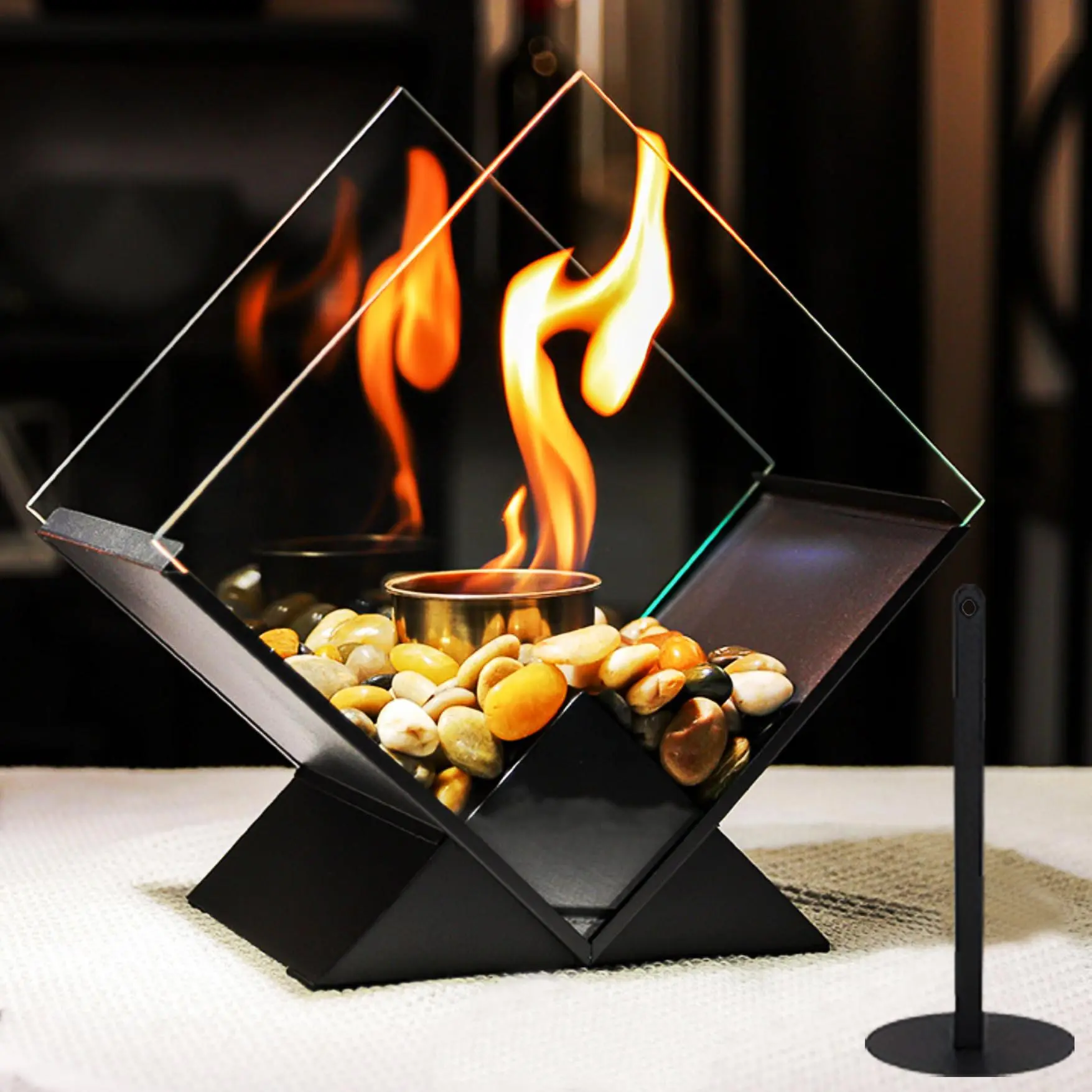 Rhombus Shaped Fire Pit, Clear Glass Fire Pit with Pebbles Decoration, Desktop Fireplace for Party, Home Decor, Garden Supplies, Tabletop Fire Pit