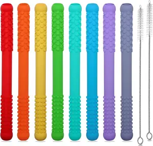 Teething Straws Sticks for Babies 6-12 12-18 Months, 8 Pack Teething Toys 3-6 Months, Silicone Teethers for Babies Toddlers Nursing Biting Chewing, Autism Chew Toys for Sensory Kids Teething Relief