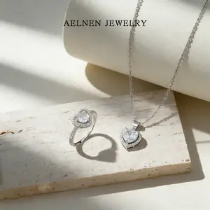 AELNEN Heart Pave CZ Statement Jewelry Set - S925 Romantic Heart Ring & Necklace - Adjustable Band Dainty Jewelry - Valentine's Day Gift For Her