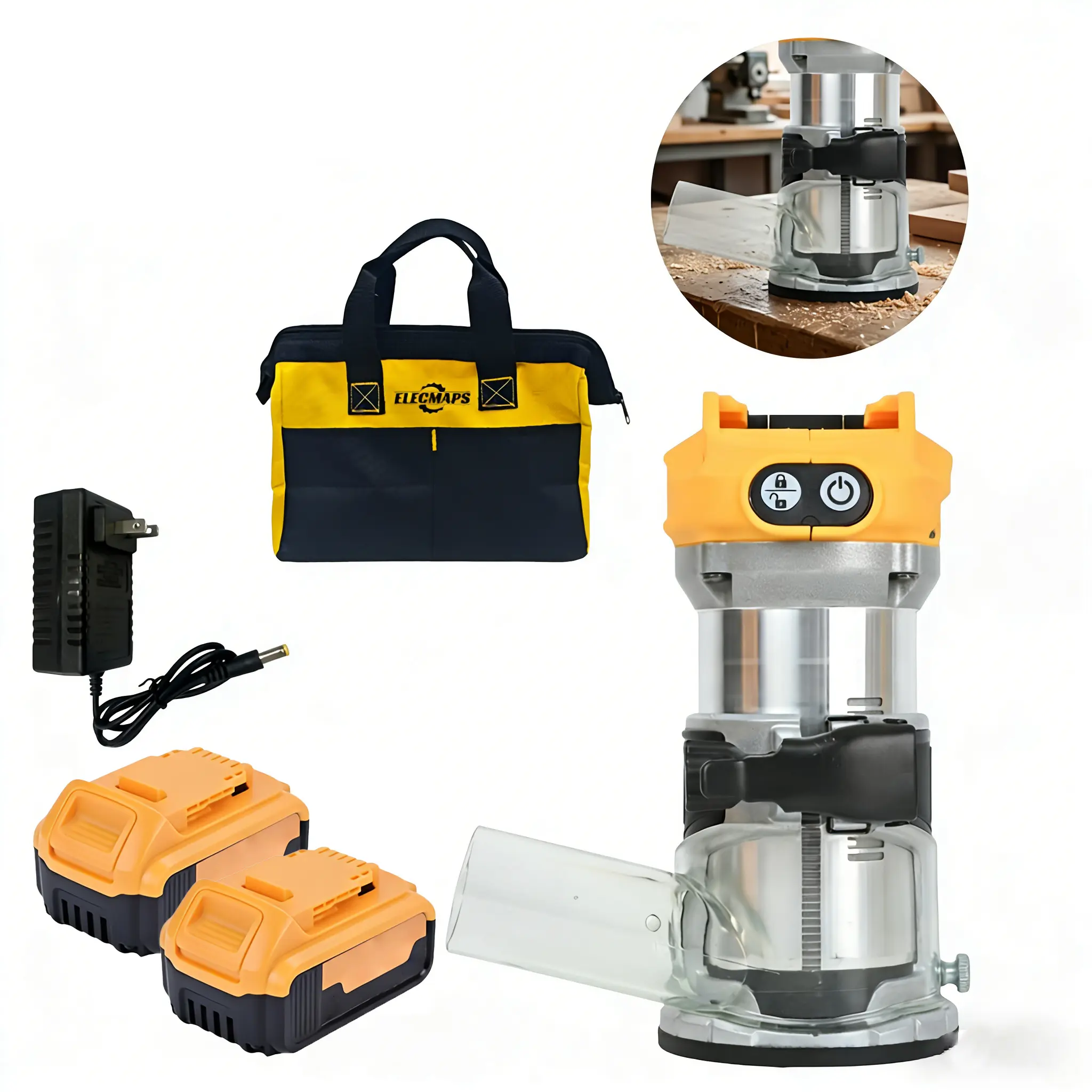 Compatible with 20V cordless compact router (tool only); 6-speed variable woodworking; 800W 28,000 RPM fixed-base wood router; includes a cutting drill bit, edge guide and roller track, dust cover