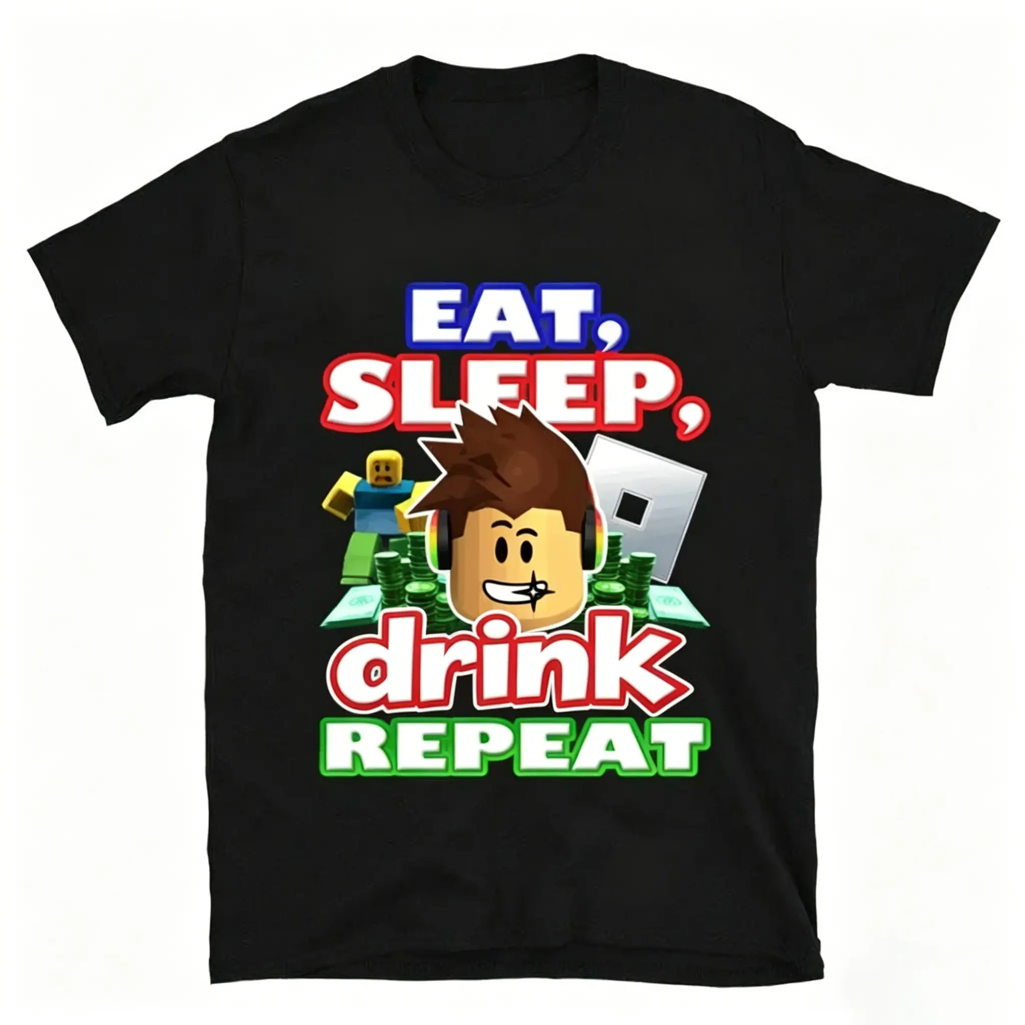 Men's Shortsleeve T-Shirt - Street Style Casual Loose Top with Mesh Fabric, Nostalgic Iconic Roblox Gaming Artwork (Eat, Sleep, Roblox Repeat Design), White T-Shirt for Jackets Pairing,summervibes