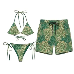 Green Amethyst Leopard String Bikini and Men’s Swim Trunks Set, Vintage Animal Print Couple Swimsuit