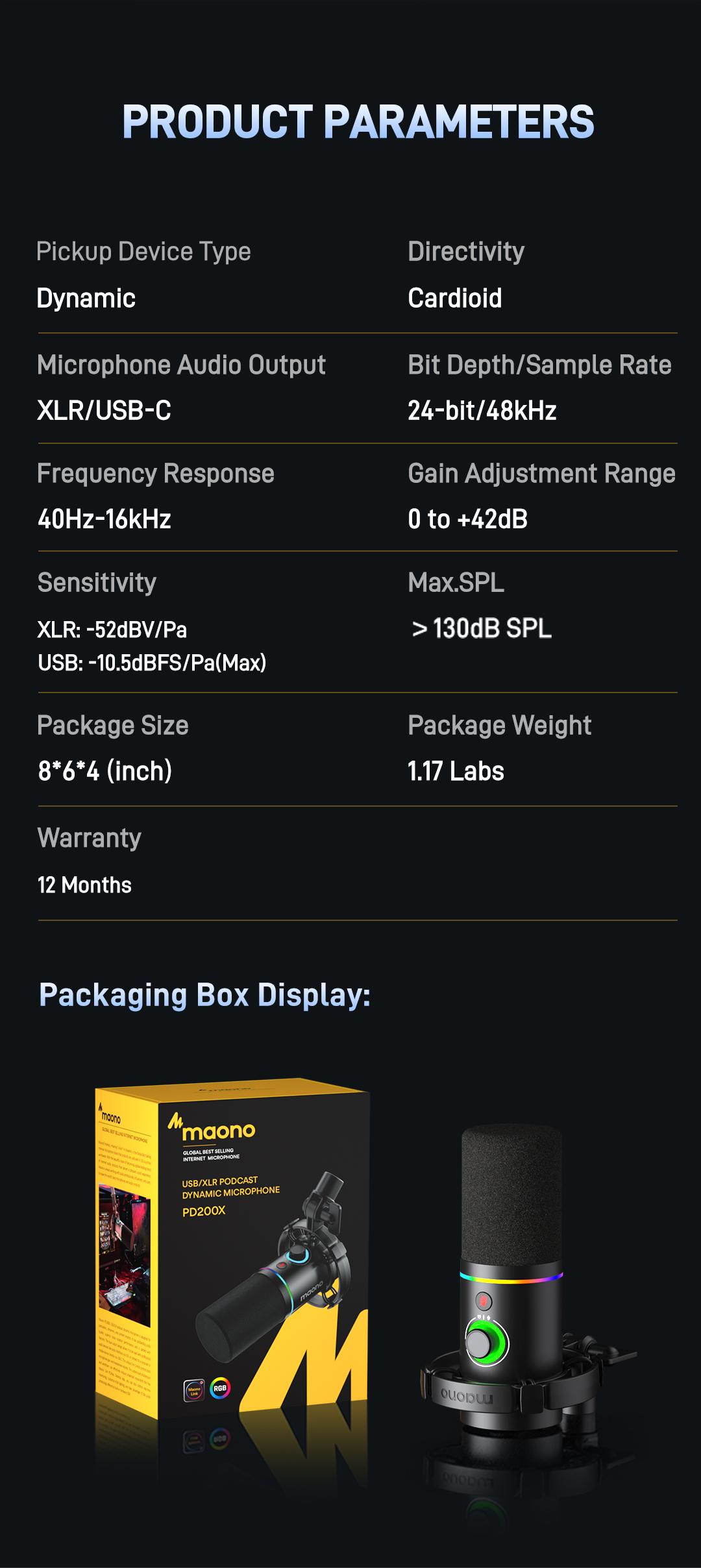 Maono PD200X Dynamic RGB Gaming Microphone with USB & XLR Cable Connectivity, Mute button, noise reduction, zero latency, widely compatible with computers, PC, Mac, Android /iOS smartphone, audio mixer, friendly for Singing, Gaming, Podcasting, Recording.