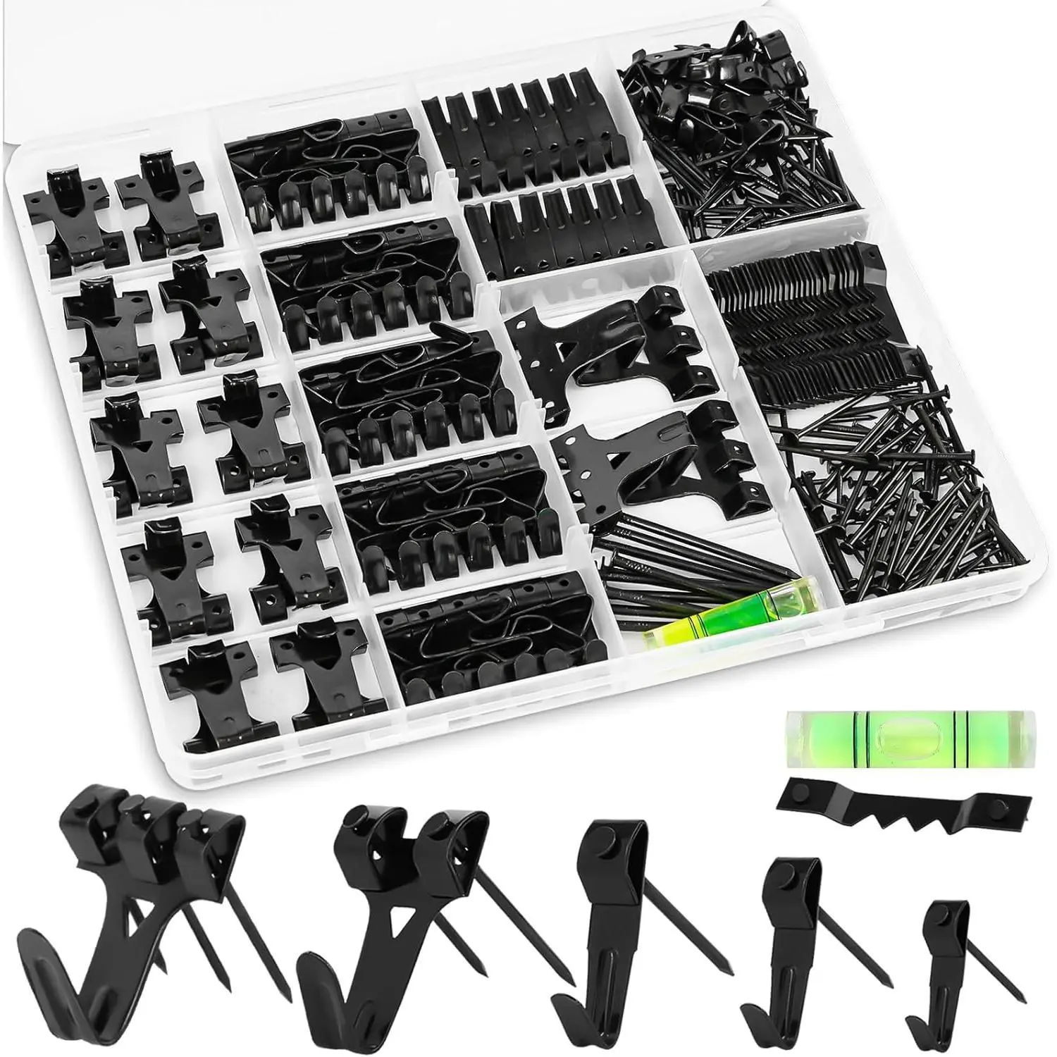 Picture Hangers, 385Pcs Picture Hanging Kit with Heavy Duty Picture Hanging Hooks, Sawtooth, Hardware Nails and Picture Hanging Tool, Wall Hangers for Frame, Painting, Art, Photo (Black)