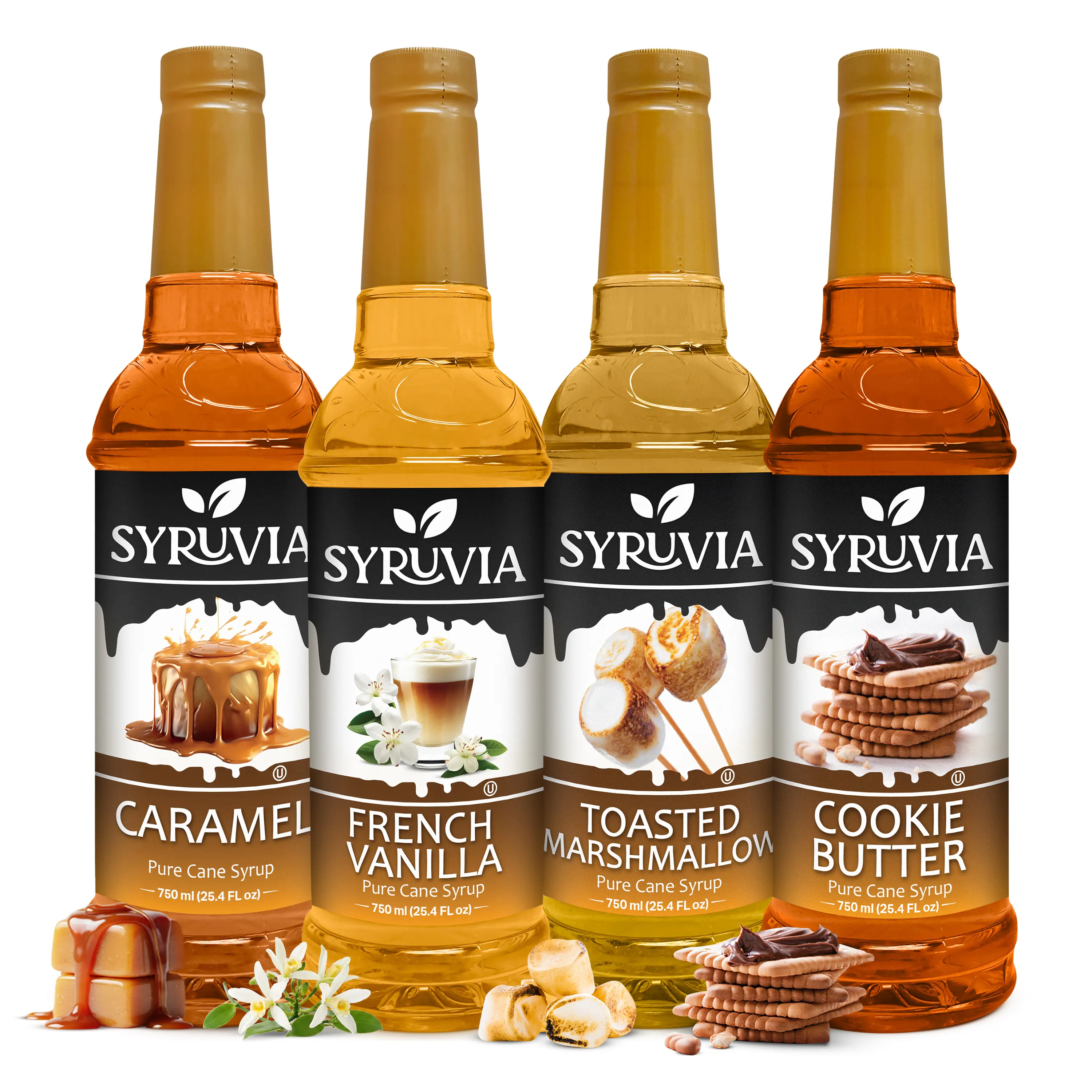 Syruvia Coffee Syrup Variety Pack – Caramel, French Vanilla, Toasted Marshmallow & Cookie Butter – Perfect for Coffee, Lattes, Iced Coffee & More – 25.4 Fl oz Bottles (4 Pack)