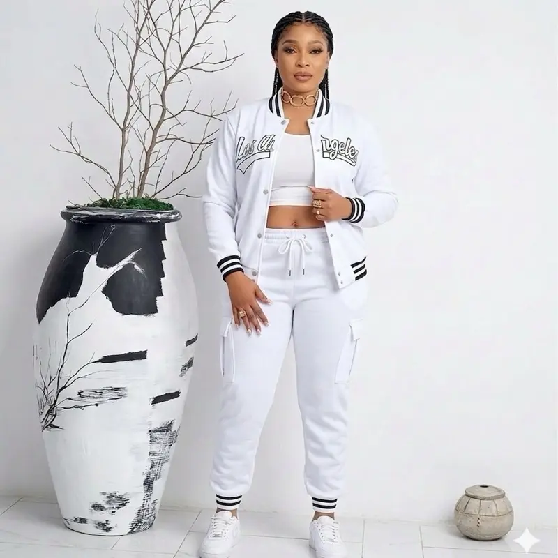 Women's Los Angeles Varsity 3-Piece Set Letterman Bomber Jacket Crop Top & Cargo Joggers Stylish & Comfortable