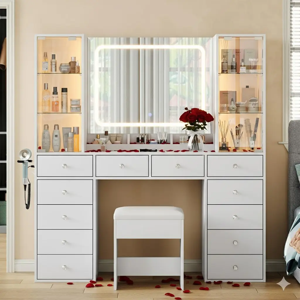 FUSOU Sturdy Lighted Vanity Desk with Mirror, 12 Drawers, Built-in Charging Station, Power Outlet, 2 Glass Cabinets, 3 Color Modes, Adjustable Brightness, Glass Top & Padded Stool for Bedroom Organization (Shipped in 2 Packages),dorm essentials,home decor