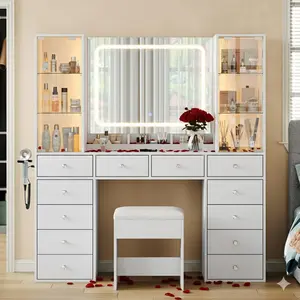 A FUSOU 12 Drawers Makeup Vanity with Charging Station【Shipping By 2 Packages】Vanity Desk with LED Mirror & 2 Glass Cabinet, 3 Color Modes, Brightness Adjustable, Glass Top, Dressing Table with Chair for Bedroom (12 Drawers)