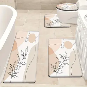 3pcs/4pcs Minimalist Black Line Branch Leaf Colorful Background Pattern Bathroom Mat Set, Highly Absorbent, Includes U-Shaped Toilet Pad Suitable for Kitchen Decor, Bath Door Mat, Bedroom Rug, Outdoor Entrance Carpet, Laundry Area Rug, Shower Floor Mat