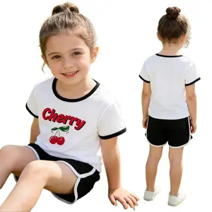 2pcs Young Girls Casual Cherry Letter Print Round Neck Short Sleeve Top and Simple Multifunctional Shorts Set, for Outdoor