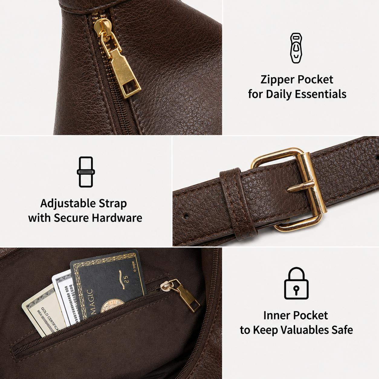 Women's Minimalist Solid Vegan Leather Shoulder Purse - Foldable Work Bag with Cosmetic Bag, Metal Hardware, Crossbody or Carry Option, Accessories for Women, All-Match Handbag for Daily Commuting
