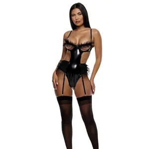 Forplay Show and Tulle Vinyl and Mesh Tulle Trim Teddy - Black