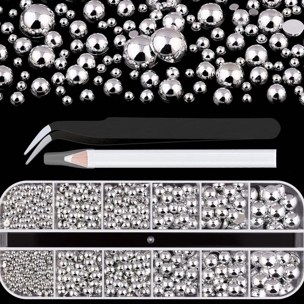 Silver Nail Charms and Gems, Half Round Flatback Pearl Nail Charms, Nail Pearls Rhinestones Kit Silver Beads for Nails with Pencil and Tweezer for DIY Nail Art, Face Makeup and Crafting